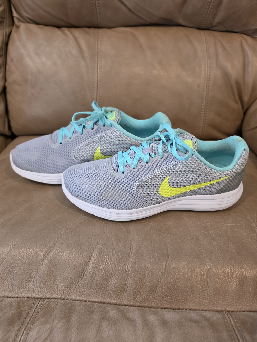 Nike Women’s Gray & Teal Revolution Running Shoes with Yellow Swoosh